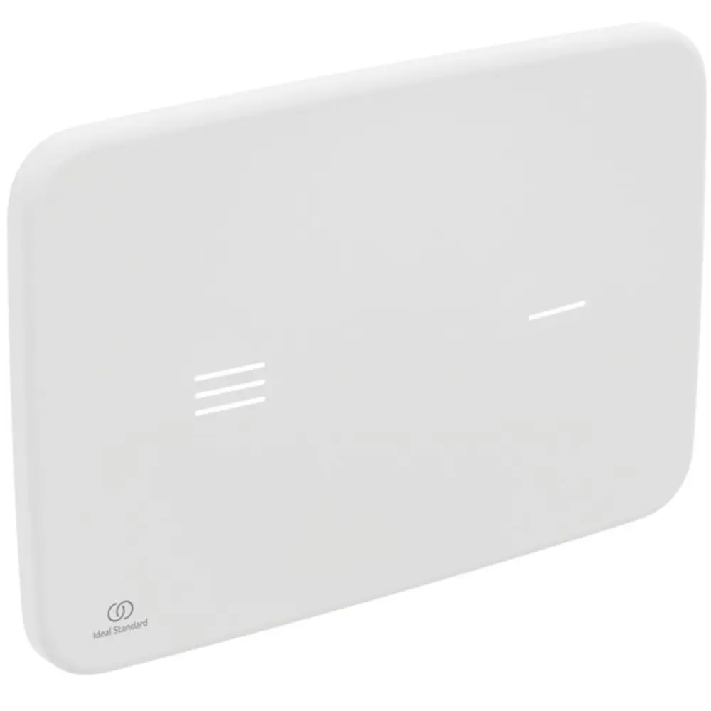 Sensor-Betätigungsplatte in Weiß von Ideal Standard, rechteckige Form mit zwei schmalen horizontalen Linien und Logo in der unteren linken Ecke.